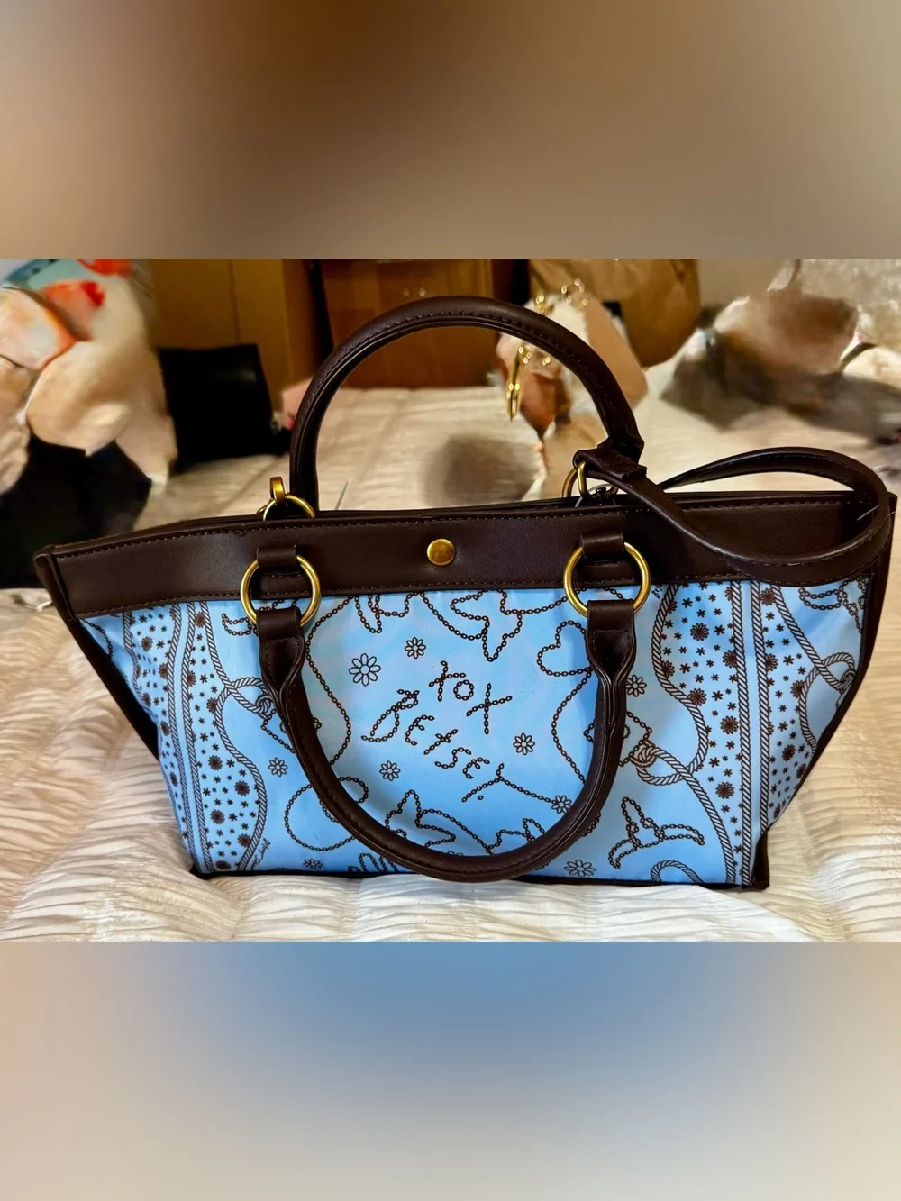 Betsey Johnson Light Blue Western Signature Print Handbag with Brown Trim